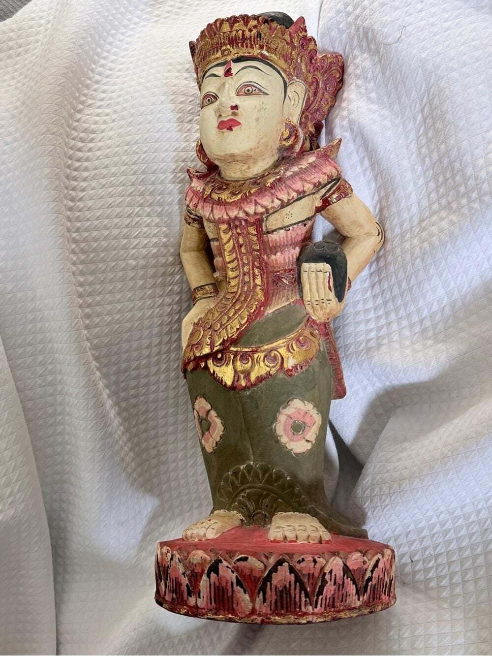 Large 19” Vintage Balinese Carved Wood Dancer Statue Polychrome Painted